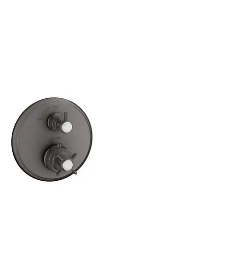 Thermostatunterputz von AXOR mit zwei Kreuzgriffen und Absperrventil in Brushed Black Chrome, montiert auf einer runden Wandplatte.